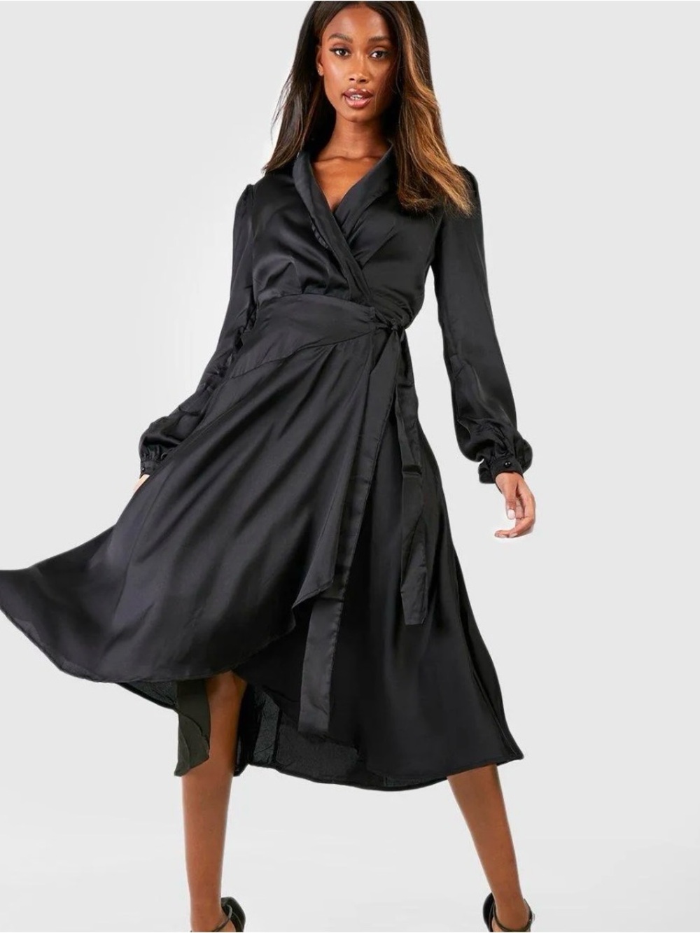 Boohoo Black Satin Wrap Midi Dress with Tie Waist